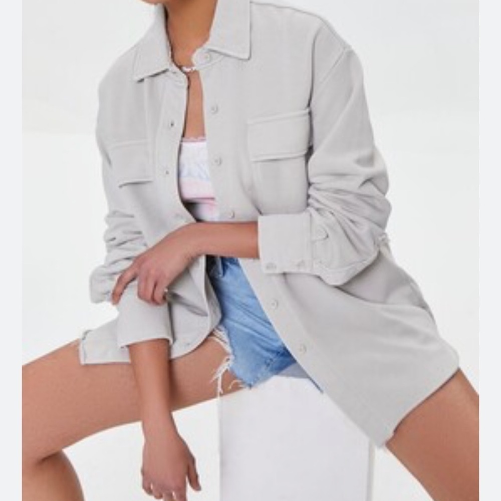 Forever 21 Women’s French Terry Oversized Shacket Button Up Beige Sz S Minimal